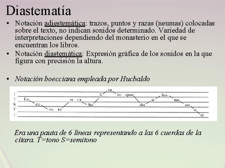 Diastematía • Notación adiestemática: trazos, puntos y razas (neumas) colocadas sobre el texto, no