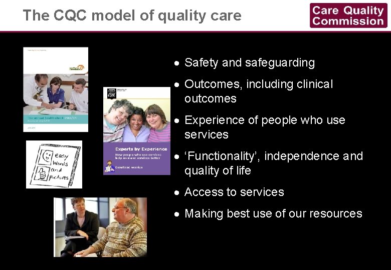 The CQC model of quality care · Safety and safeguarding · Outcomes, including clinical