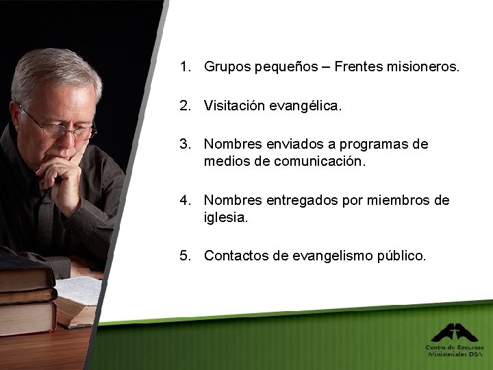 1. Grupos pequeños – Frentes misioneros. 2. Visitación evangélica. 3. Nombres enviados a programas