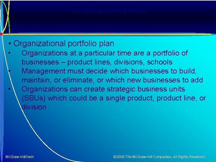 The Strategic Planning Process • Organizational portfolio plan • • • Organizations at a