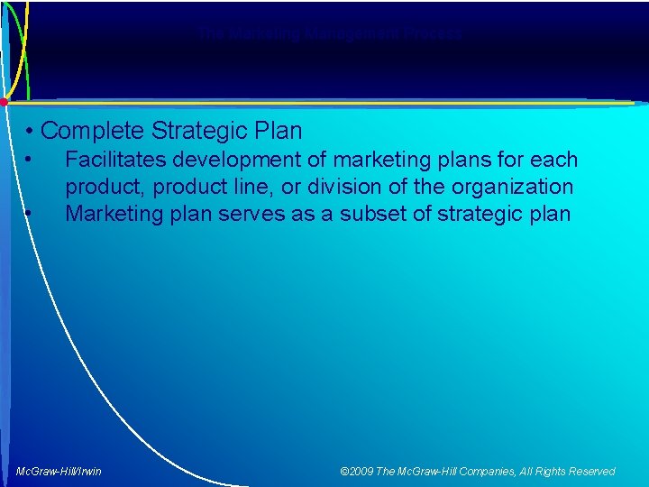 The Marketing Management Process • Complete Strategic Plan • • Facilitates development of marketing