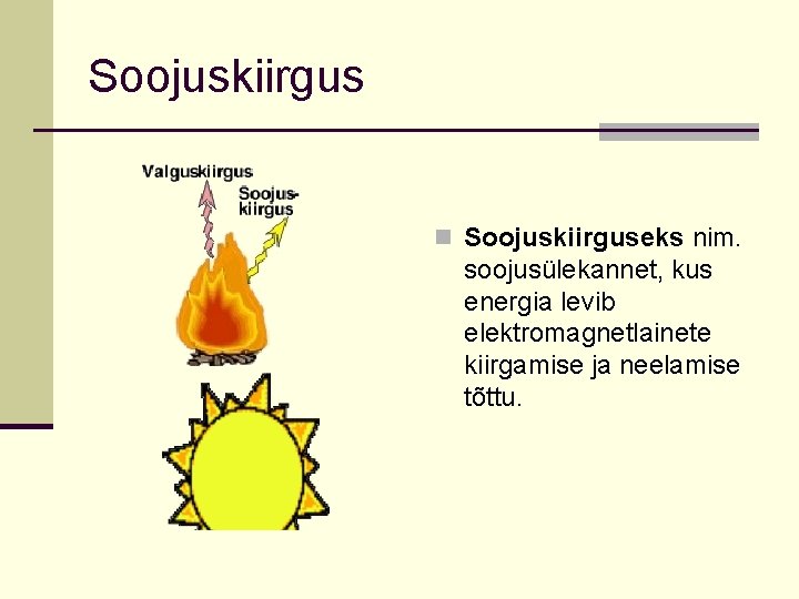 Soojuskiirgus n Soojuskiirguseks nim. soojusülekannet, kus energia levib elektromagnetlainete kiirgamise ja neelamise tõttu. 