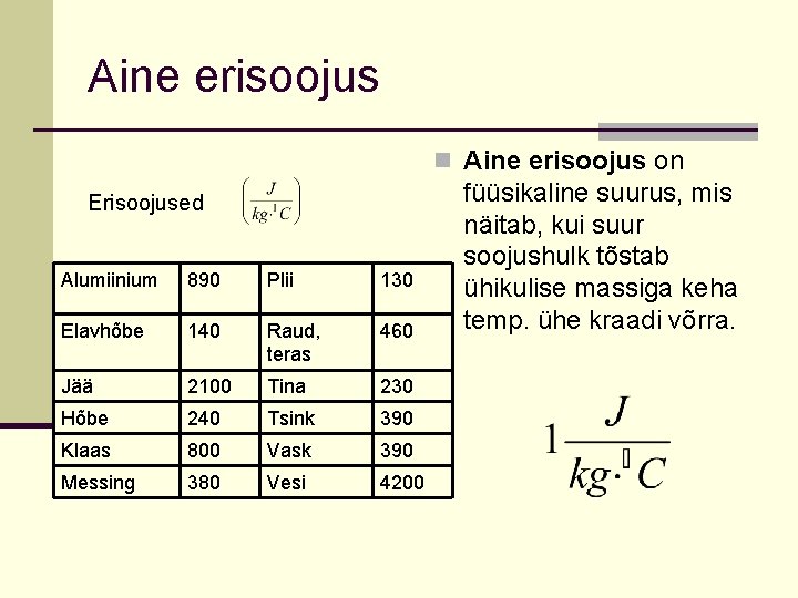 Aine erisoojus n Aine erisoojus on Erisoojused Alumiinium 890 Plii 130 Elavhõbe 140 Raud,