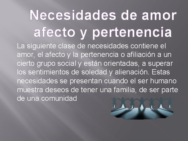 Necesidades de amor afecto y pertenencia La siguiente clase de necesidades contiene el amor, Necesidades de amor afecto y pertenencia La siguiente clase de necesidades contiene el amor,
