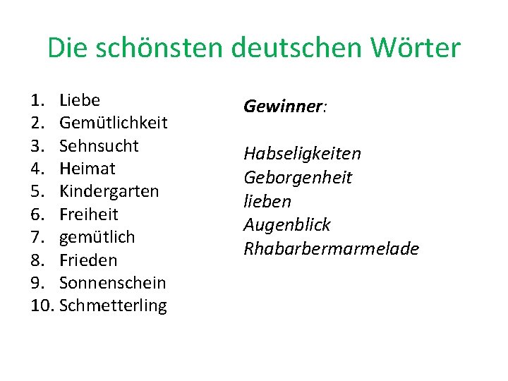 Die schönsten deutschen Wörter 1. Liebe 2. Gemütlichkeit 3. Sehnsucht 4. Heimat 5. Kindergarten