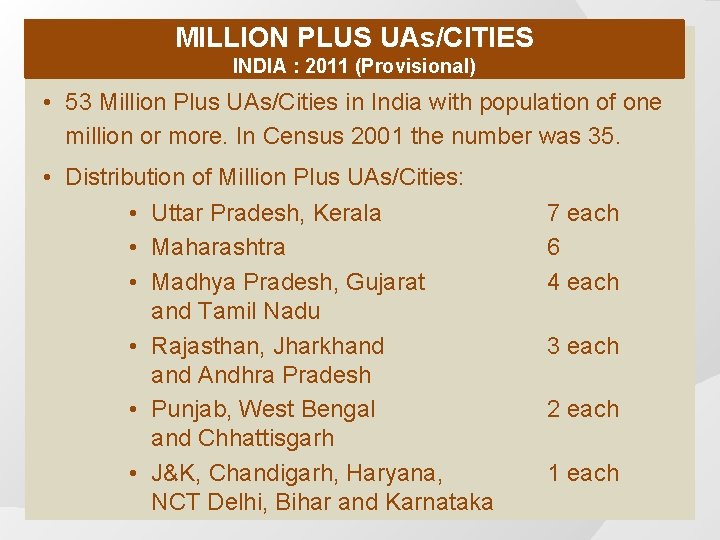 MILLION PLUS UAs/CITIES INDIA : 2011 (Provisional) • 53 Million Plus UAs/Cities in India