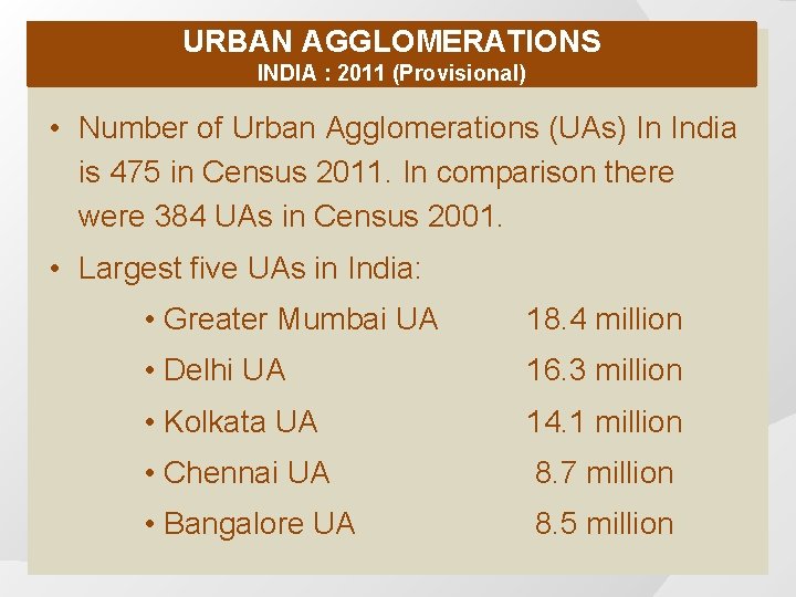 URBAN AGGLOMERATIONS INDIA : 2011 (Provisional) • Number of Urban Agglomerations (UAs) In India