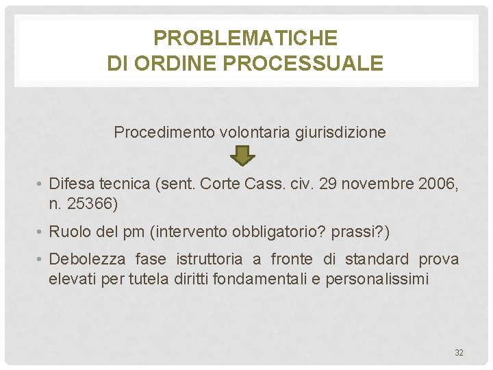 PROBLEMATICHE DI ORDINE PROCESSUALE Procedimento volontaria giurisdizione • Difesa tecnica (sent. Corte Cass. civ.