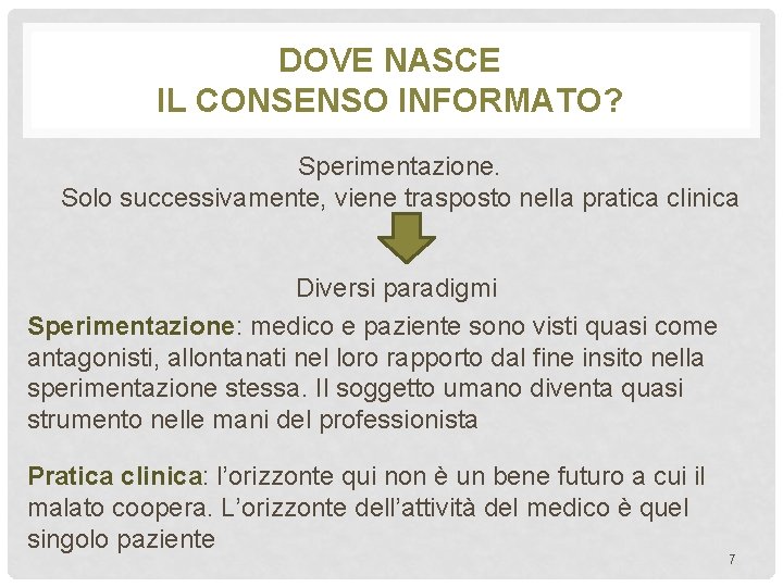 DOVE NASCE IL CONSENSO INFORMATO? Sperimentazione. Solo successivamente, viene trasposto nella pratica clinica Diversi