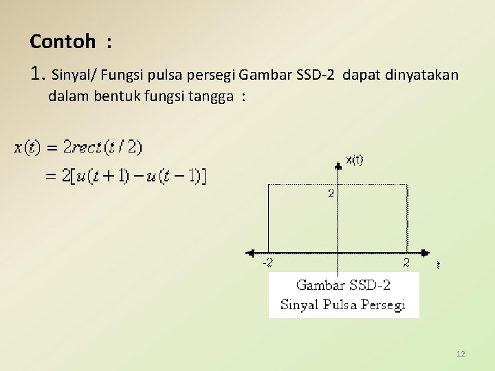 Contoh : 1. Sinyal/ Fungsi pulsa persegi Gambar SSD-2 dapat dinyatakan dalam bentuk fungsi