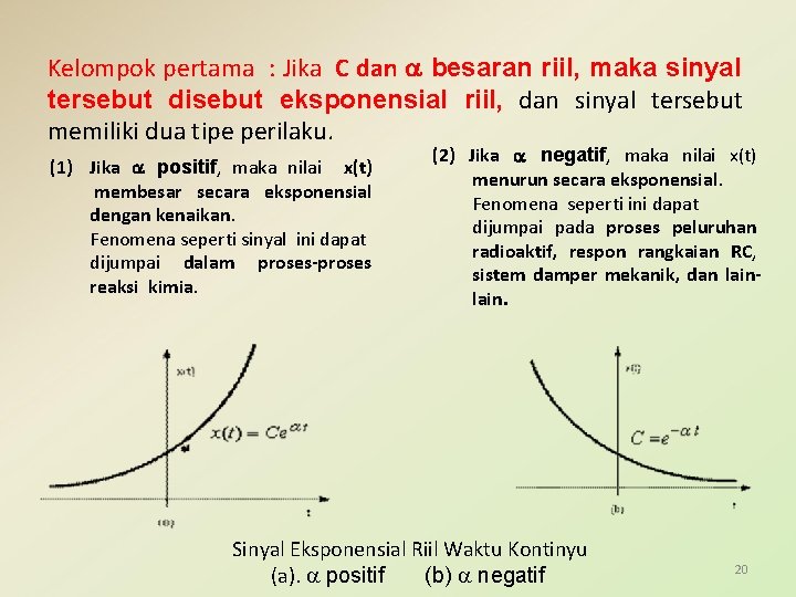 Kelompok pertama : Jika C dan a besaran riil, maka sinyal tersebut disebut eksponensial
