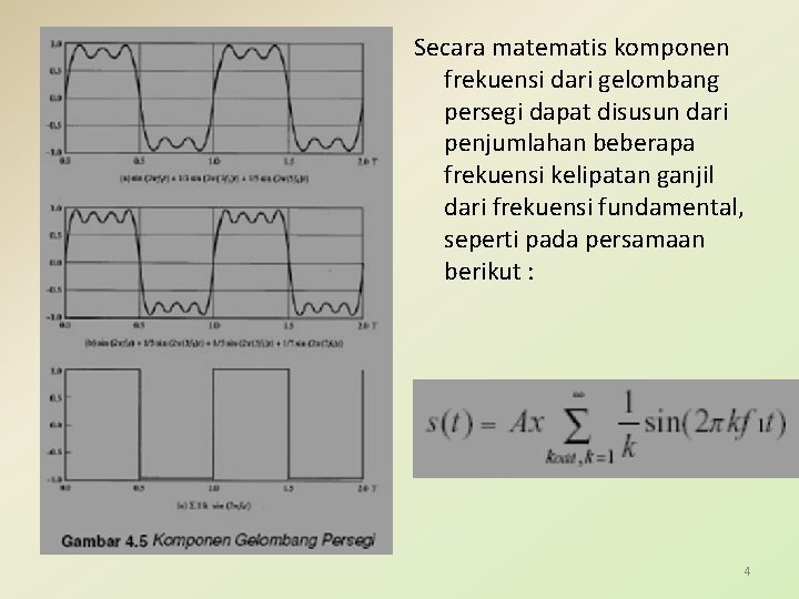 Secara matematis komponen frekuensi dari gelombang persegi dapat disusun dari penjumlahan beberapa frekuensi kelipatan