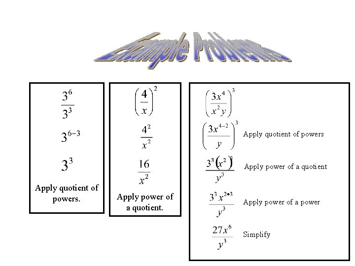 Apply quotient of powers Apply power of a quotient Apply quotient of powers. Apply