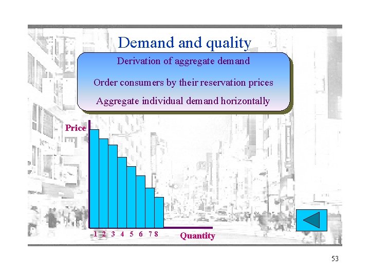 Demand quality Derivation of aggregate demand Order consumers by their reservation prices Aggregate individual