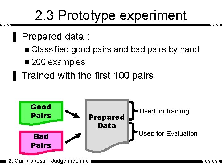 2. 3 Prototype experiment ▌ Prepared data : n Classified good pairs and bad