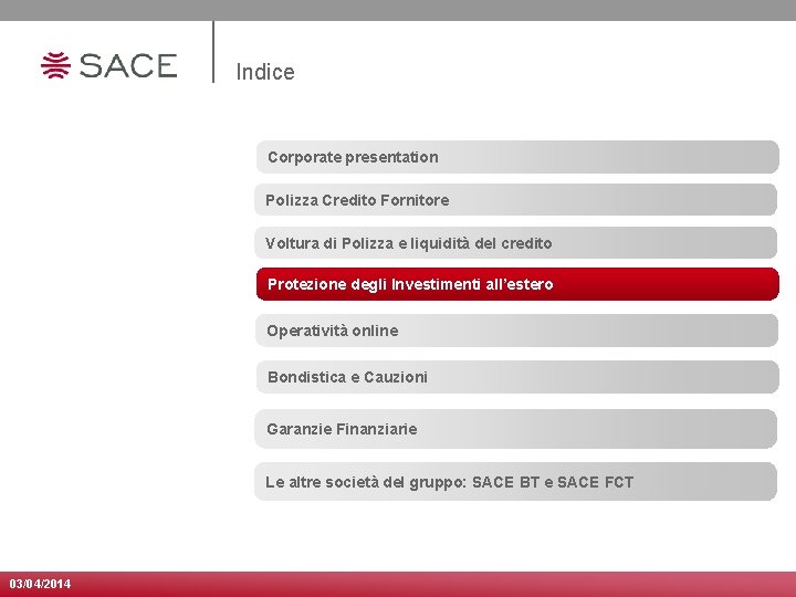 Indice Corporate presentation Polizza Credito Fornitore Voltura di Polizza e liquidità del credito Protezione