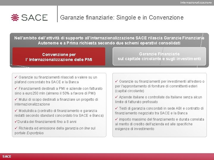 Internazionalizzazione Garanzie finanziarie: Singole e in Convenzione Nell’ambito dell’attività di supporto all’internazionalizzazione SACE rilascia