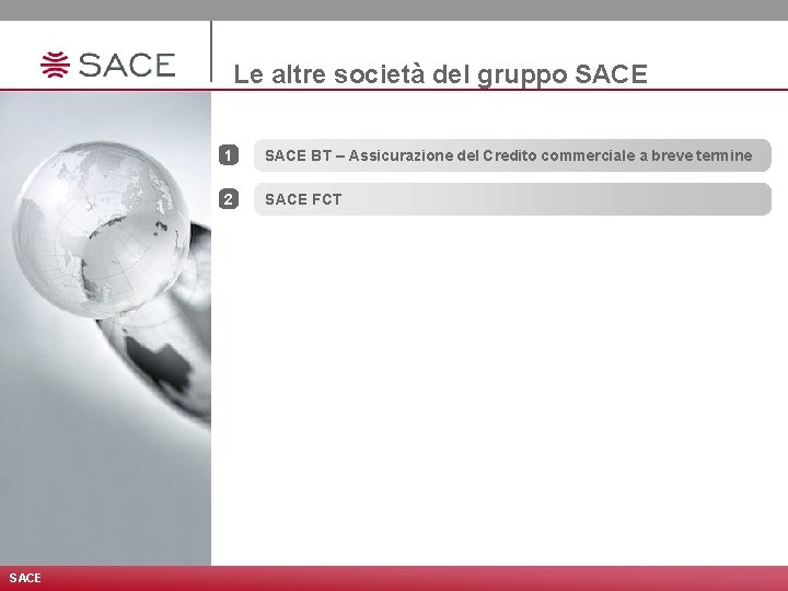 Le altre società del gruppo SACE 1 SACE BT – Assicurazione del Credito commerciale