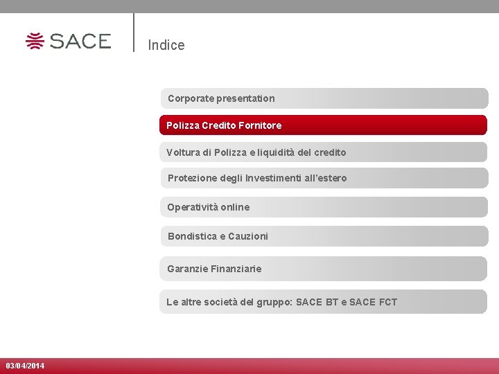 Indice Corporate presentation Polizza Credito Fornitore Voltura di Polizza e liquidità del credito Protezione
