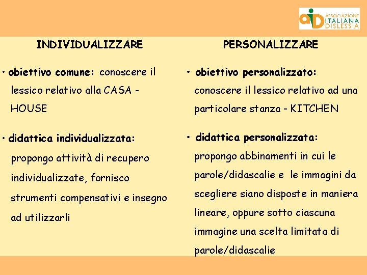 INDIVIDUALIZZARE • obiettivo comune: conoscere il PERSONALIZZARE • obiettivo personalizzato: lessico relativo alla CASA