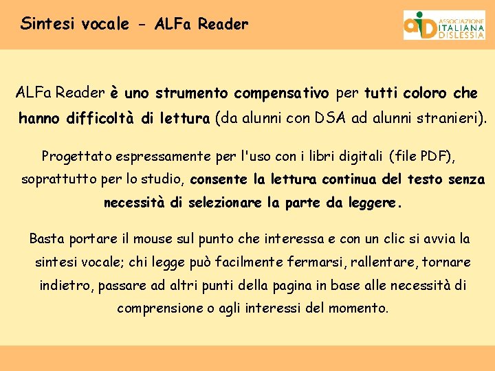 Sintesi vocale - ALFa Reader è uno strumento compensativo per tutti coloro che hanno