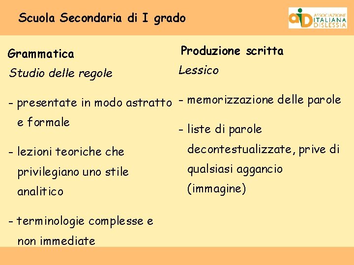 Scuola Secondaria di I grado Grammatica Produzione scritta Studio delle regole Lessico - presentate