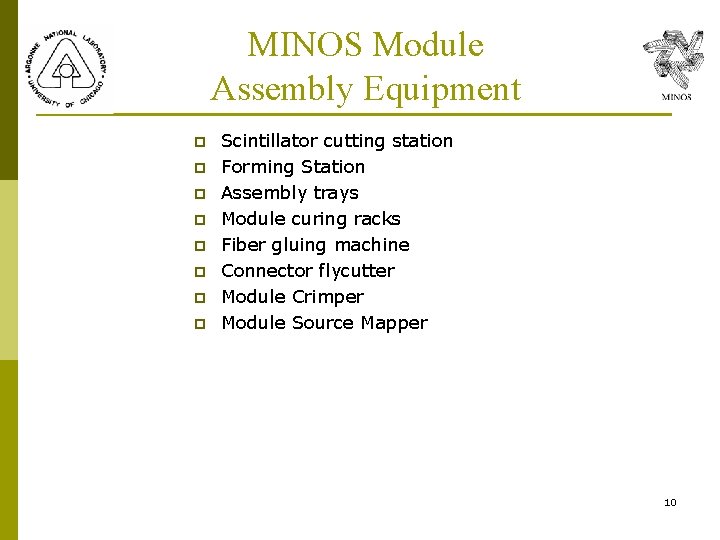 MINOS Module Assembly Equipment p p p p Scintillator cutting station Forming Station Assembly MINOS Module Assembly Equipment p p p p Scintillator cutting station Forming Station Assembly