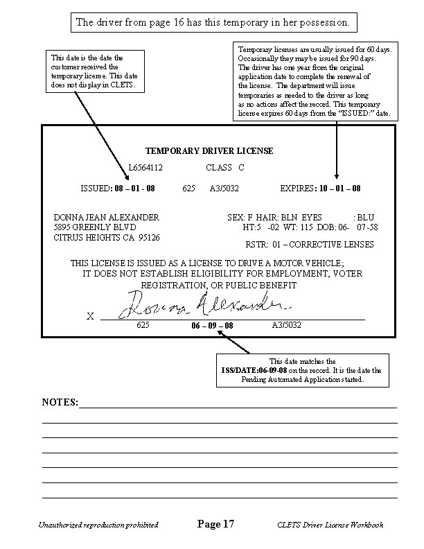 The driver from page 16 has this temporary in her possession. Temporary licenses are