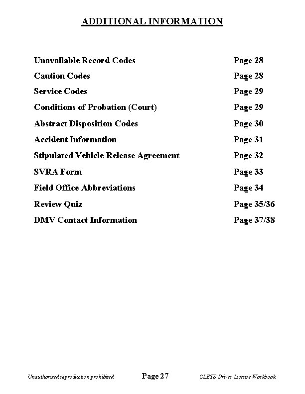 ADDITIONAL INFORMATION Unavailable Record Codes Page 28 Caution Codes Page 28 Service Codes Page