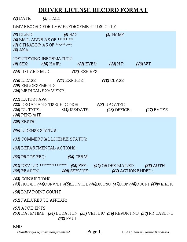 DRIVER LICENSE RECORD FORMAT (1) DATE: (2) TIME: DMV RECORD FOR LAW ENFORCEMENT USE