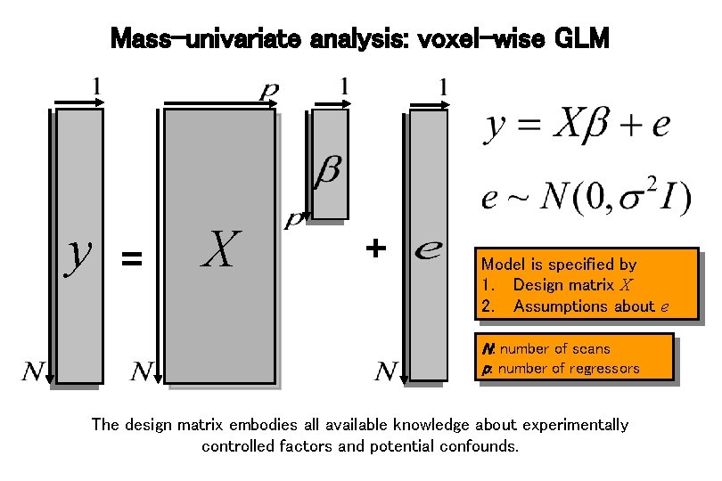 Mass-univariate analysis: voxel-wise GLM y = X + Model is specified by 1. Design