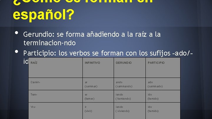 ¿Cómo se forman en español? • • Gerundio: se forma añadiendo a la raíz