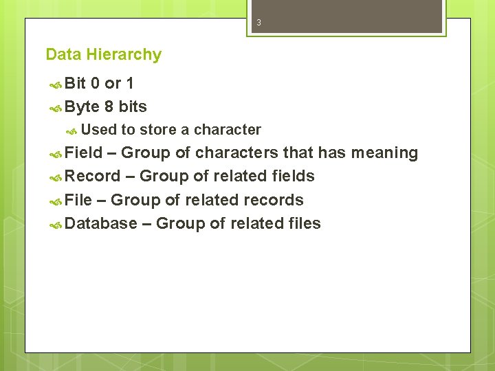 3 Data Hierarchy Bit 0 or 1 Byte 8 bits Used Field to store