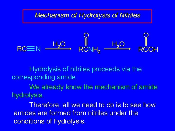 Mechanism of Hydrolysis of Nitriles O RC N H 2 O RCNH 2 O