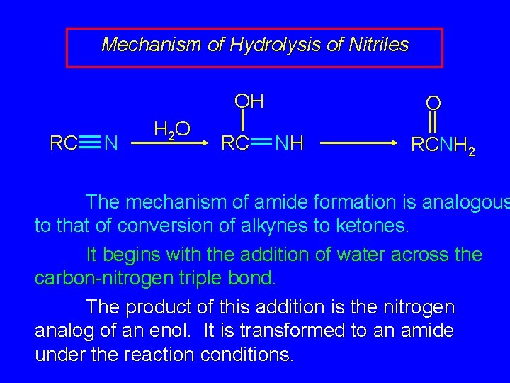 Mechanism of Hydrolysis of Nitriles OH RC N H 2 O RC O NH