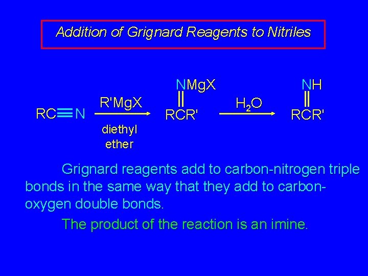 Addition of Grignard Reagents to Nitriles NMg. X RC N R'Mg. X diethyl ether