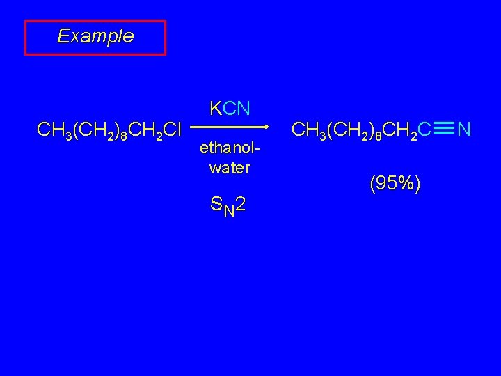 Example CH 3(CH 2)8 CH 2 Cl KCN ethanolwater S N 2 CH 3(CH