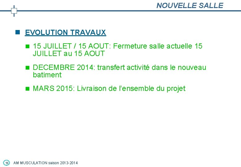 NOUVELLE SALLE n EVOLUTION TRAVAUX 12 n 15 JUILLET / 15 AOUT: Fermeture salle NOUVELLE SALLE n EVOLUTION TRAVAUX 12 n 15 JUILLET / 15 AOUT: Fermeture salle