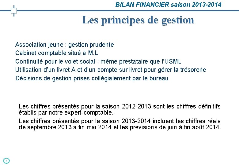 BILAN FINANCIER saison 2013 -2014 Les principes de gestion Association jeune : gestion prudente BILAN FINANCIER saison 2013 -2014 Les principes de gestion Association jeune : gestion prudente