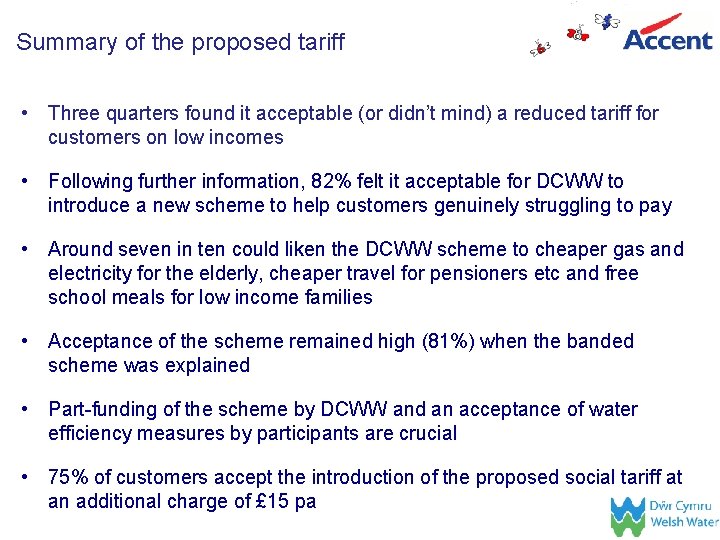 Summary of the proposed tariff • Three quarters found it acceptable (or didn’t mind)