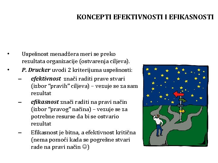 KONCEPTI EFEKTIVNOSTI I EFIKASNOSTI • • Uspešnost menadžera meri se preko rezultata organizacije (ostvarenja