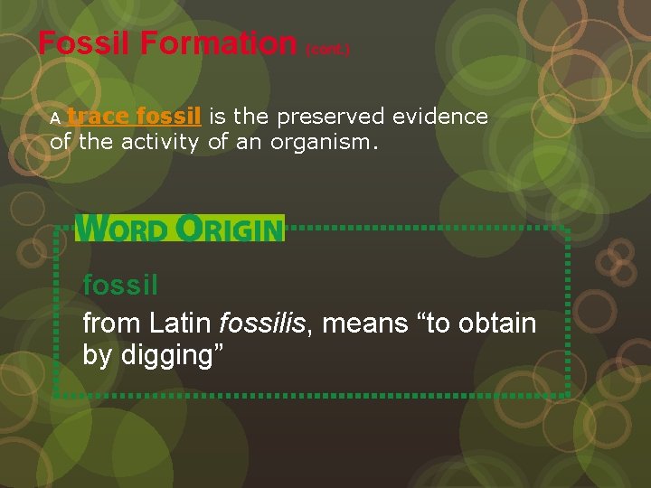 Fossil Formation (cont. ) trace fossil is the preserved evidence of the activity of