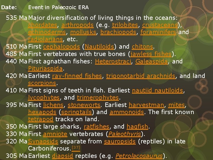 Date: Event in Paleozoic ERA 535 Ma Major diversification of living things in the