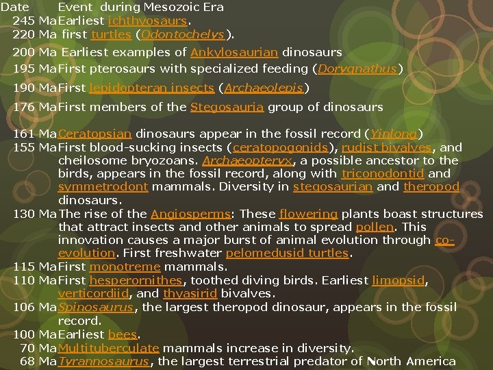 Date Event during Mesozoic Era 245 Ma Earliest ichthyosaurs. 220 Ma first turtles (Odontochelys).