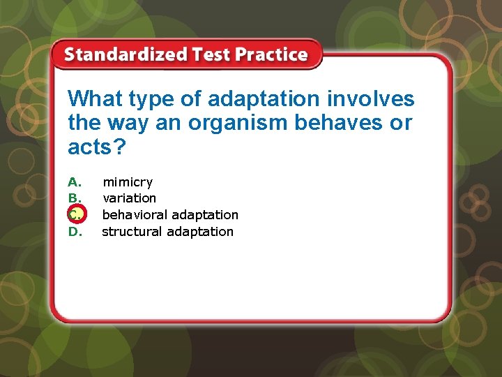 What type of adaptation involves the way an organism behaves or acts? A. B.