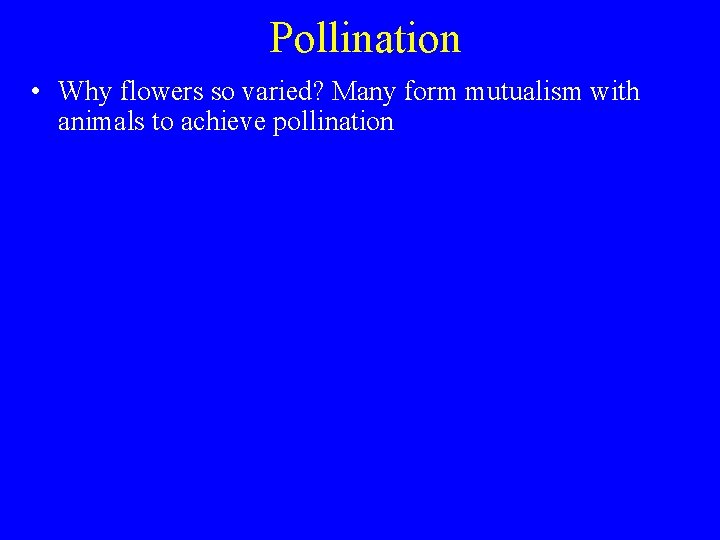 Pollination • Why flowers so varied? Many form mutualism with animals to achieve pollination