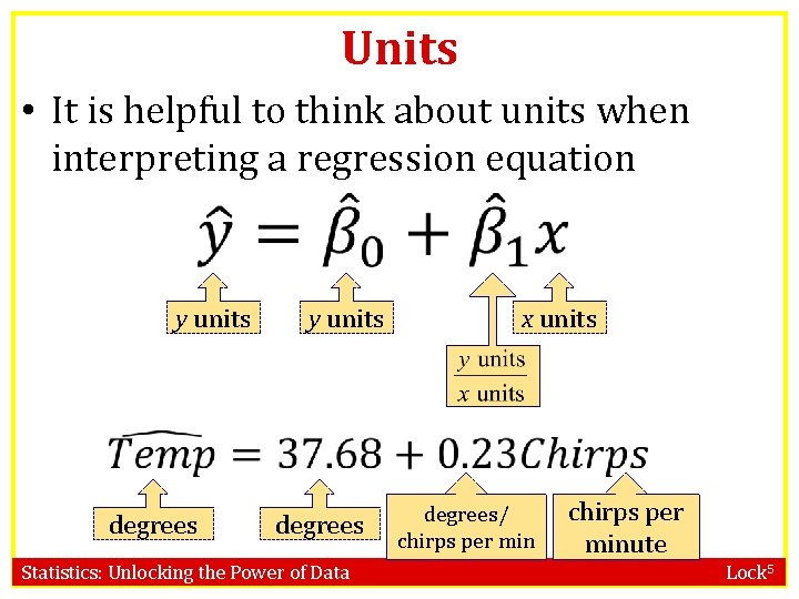 Units • It is helpful to think about units when interpreting a regression equation