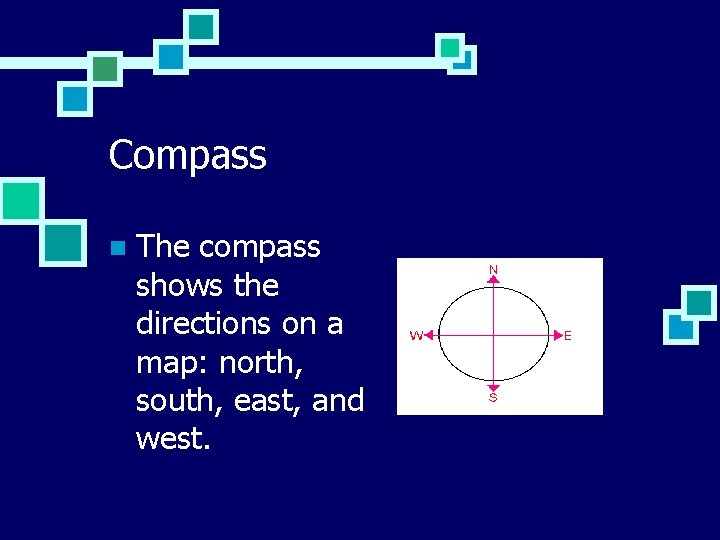 Compass n The compass shows the directions on a map: north, south, east, and