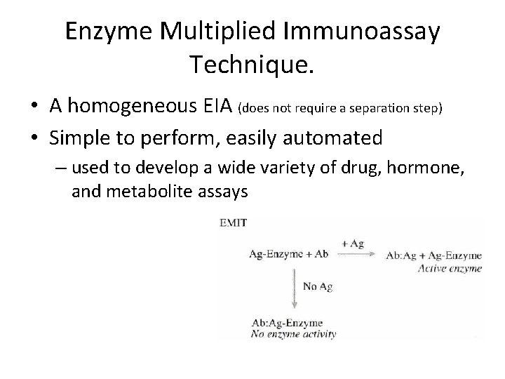 Enzyme Multiplied Immunoassay Technique. • A homogeneous EIA (does not require a separation step) Enzyme Multiplied Immunoassay Technique. • A homogeneous EIA (does not require a separation step)