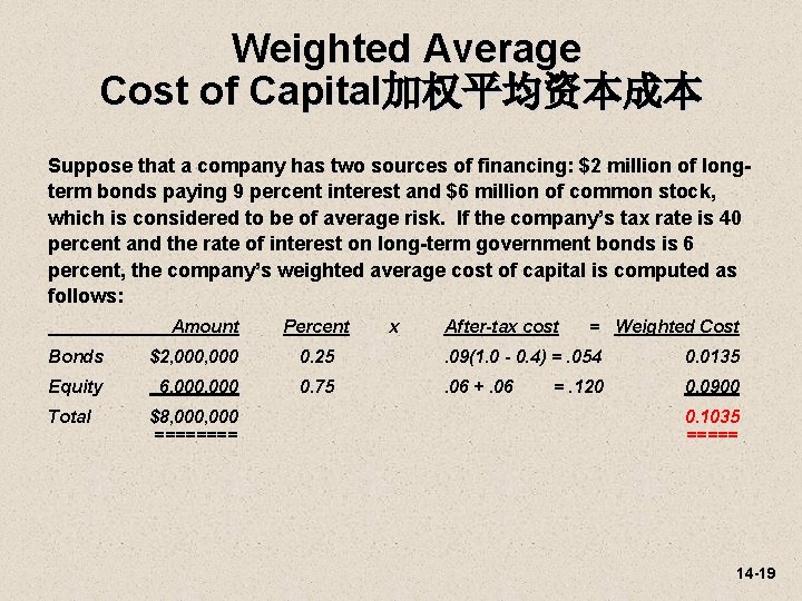 Weighted Average Cost of Capital加权平均资本成本 Suppose that a company has two sources of financing:
